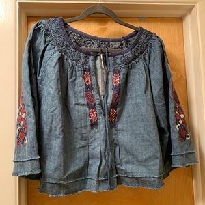 FREE PEOPLE embroidered Denim tie neck top